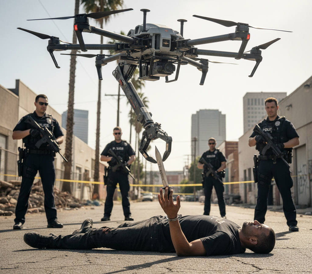 Drone retira faca de suspeito inconsciente em operação da polícia de Sacramento