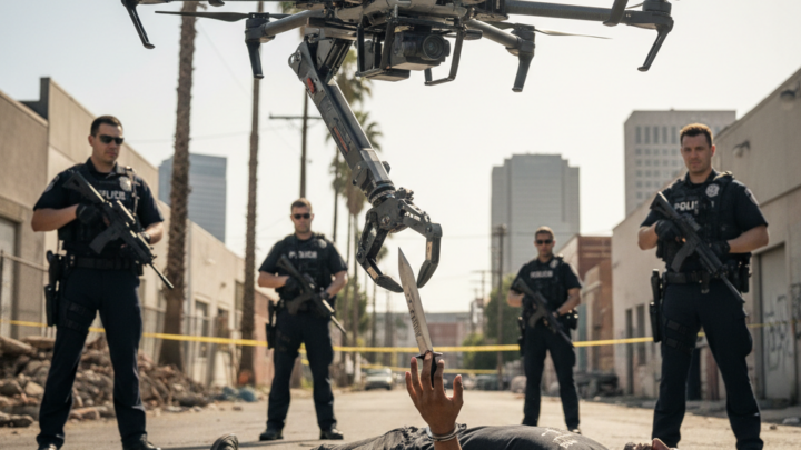 Drone retira faca de suspeito inconsciente em operação da polícia de Sacramento